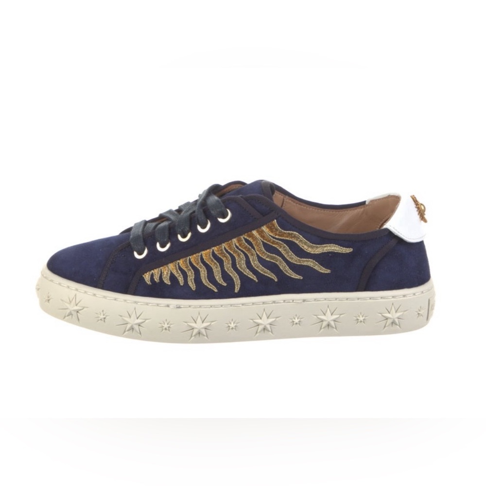 Aquazzura Blue Suede Sun Ray Embroidered Lace Up Sneakers Sz 6